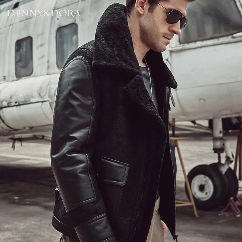 

2018 New Fashion Mens Aviator B3 Sheepskin Jacket Coat With Fur Lapels Black Handsome Warm Jacket Silm Coat