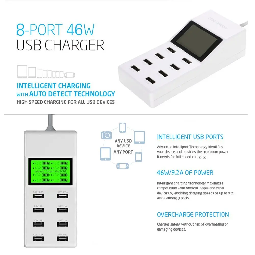 8 Ports Smart USB Charger For Samsung iPhone iPad With LED Display Fast Charging 5V/9.2A Wall Adapter Phone Universal