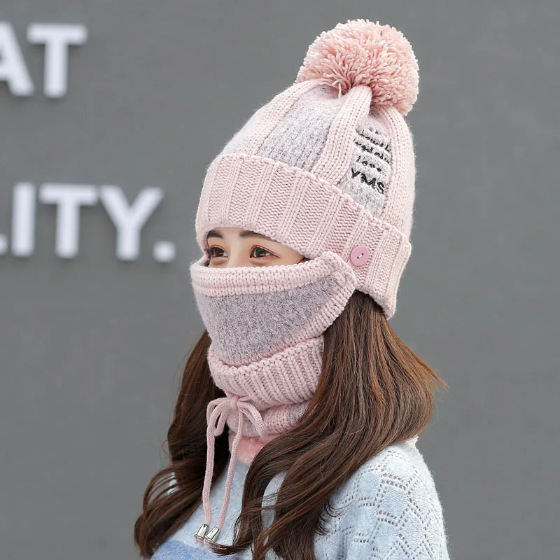 Women Winter Beanies Hat Female Autumn Wool Skullies Cap Thickened Warm Cycling Ear Neck Protection Cold-proof Knitted Cap H7279