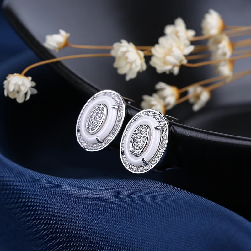 Egg Shape U Shaped Stud Earrings Big Carat Rings Jewelry Set Black White Ceramic Jewelry Set Wedding For Women Size 6-9