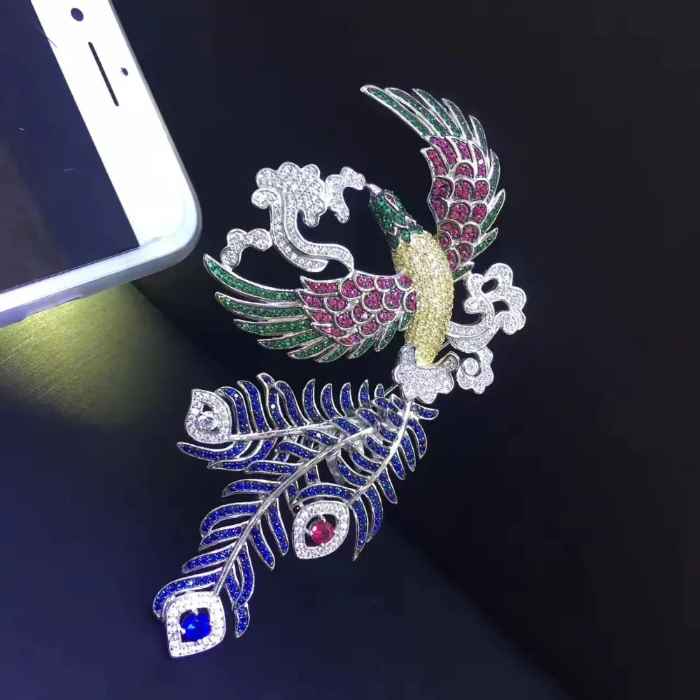 high quality 925 sterling silver with cubic zircon phoenix brooch pins ethnic fashion women jewelry free shipping multi color