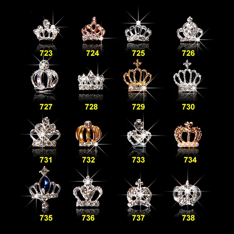 20Pcs Random Mixed 3D Chic Alloy Rhinestones Crown Silver Nail Art Decoration Tip Glitters DIY Nail Drill Stickers Glue on