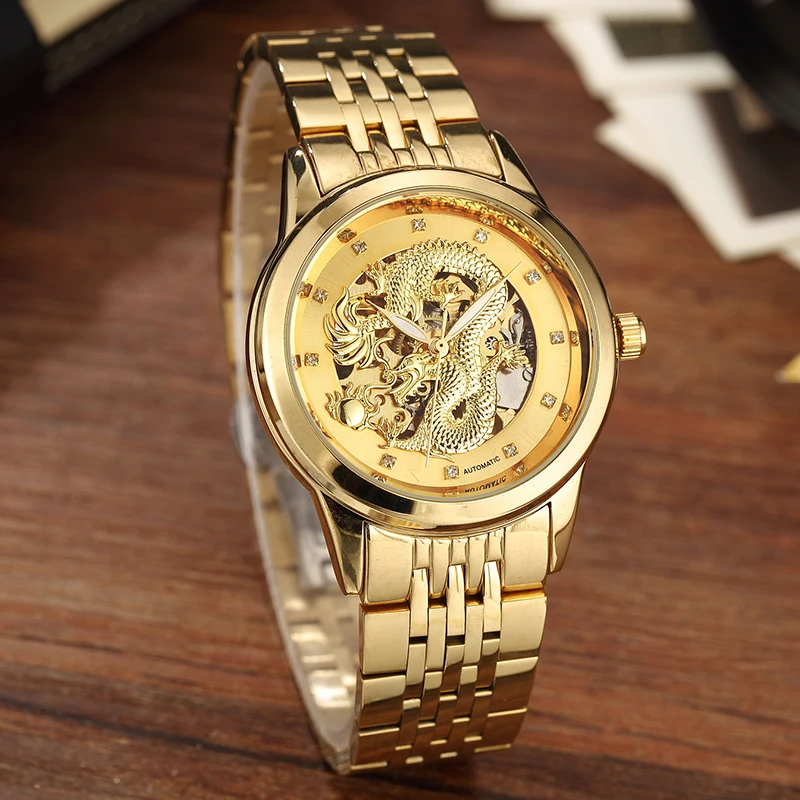 Luxury Gold Dragon Skeleton Automatic Mechanical Watches Men\'s Wristwatch Stainless Steel Black Clock Waterproof Male Cool Reloj