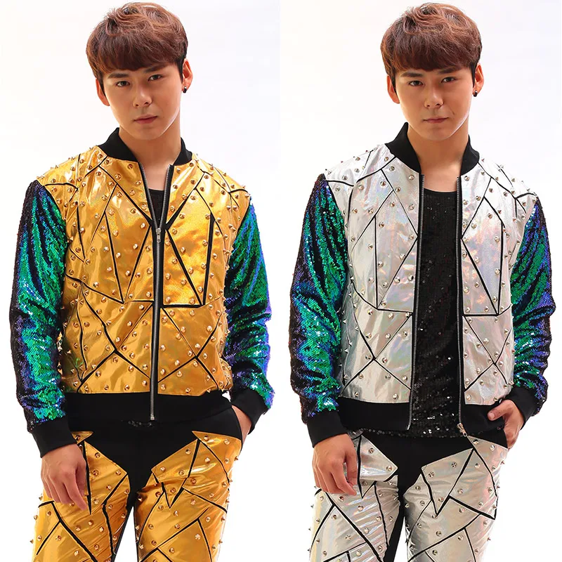 

New Novelty Men's Fashion sequins Laser Leather jacket outwear Nightclub Male singer dancer stage show performance wear