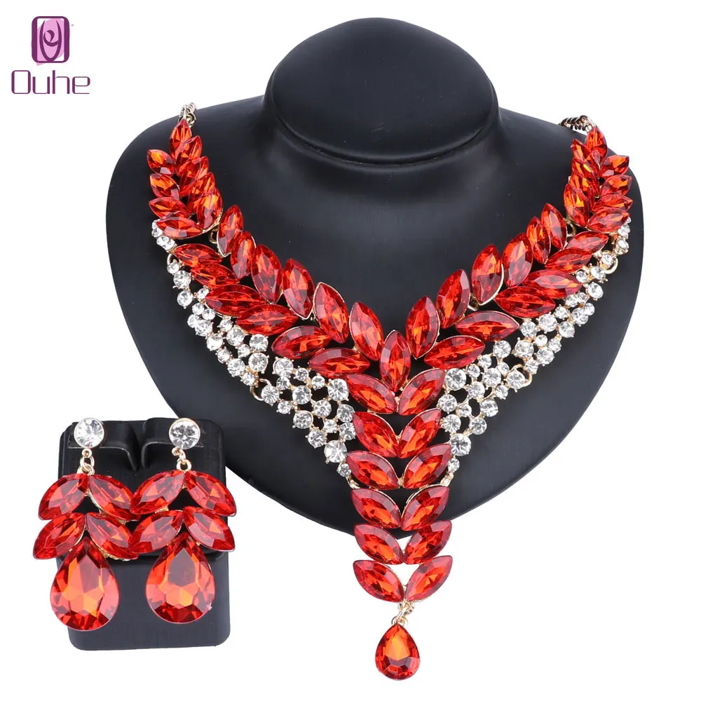 Women\'s Wedding Bridal Bridesmaid Rhinestone Crystal Statement Necklace Earrings Party Costume Jewelry Set