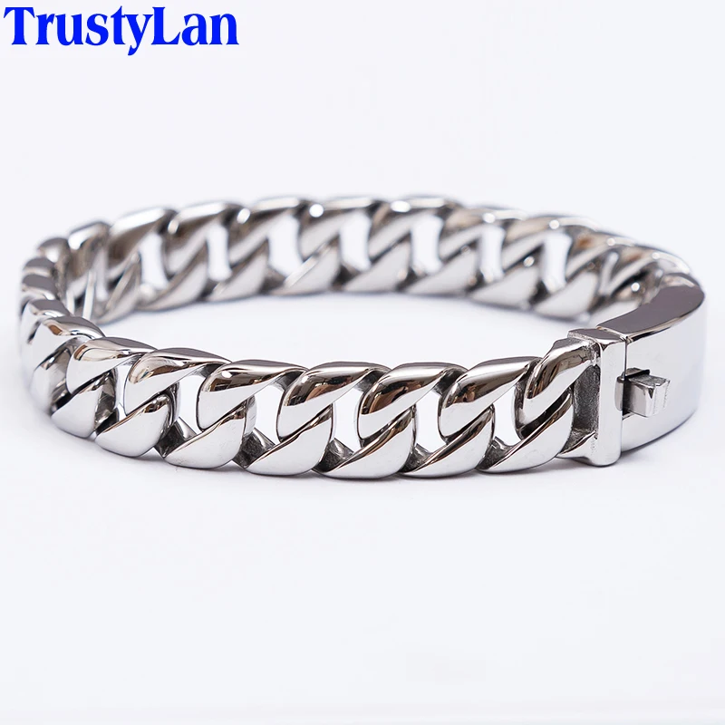 12MM Curb Chain On Hand Jewellery Polished Brushed 316L Stainless Steel Man Bracelet For Men Classic Men's Bracelets Male Strap