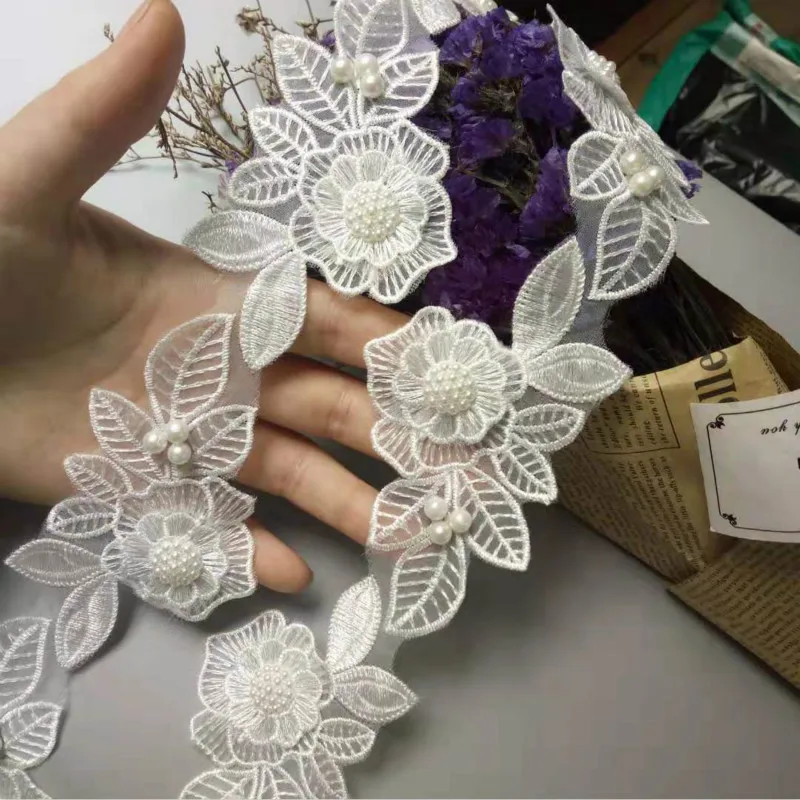 New 10x White Pearl Beaded Flower Leaf Embroidered Lace Trim Ribbon Fabric Handmade Sewing Craft For Costume Hat Decoration Hot