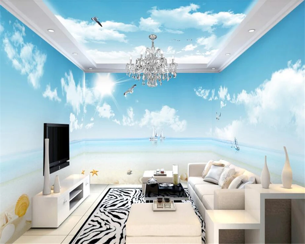 

beibehang Thicken sound-absorption personality wallpaper blue sky white clouds romantic beach theme space full house wall paper