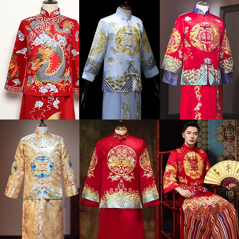 

Hot Sales Chinese Traditional Wedding Long Gown Robe new Groom Dragon Costume Vintage Clothing Elegant Oriental Tang Suits Wear