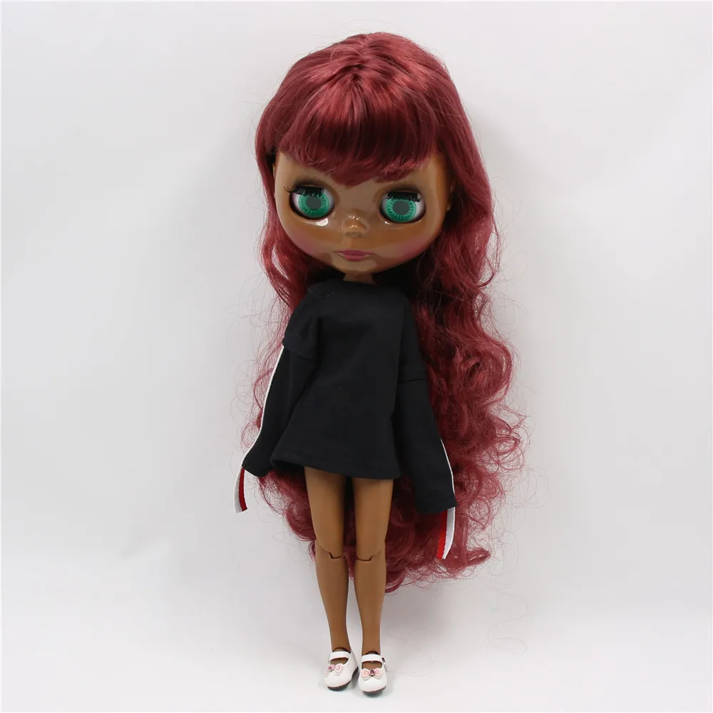 ICY DBS Blyth doll 1/6 30cm bjd super black skin Glossy face joint body Burgundy hair. NO.BL12532