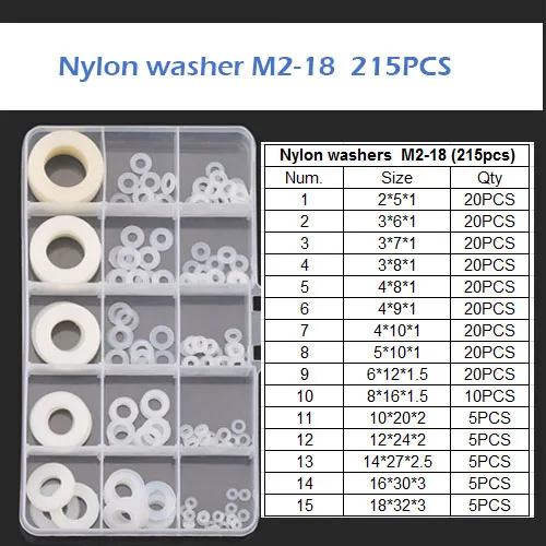 

Free shipping 215pcs White Nylon Washer Plastic RingFastener M2/3/M4/M5-M18 Assortment kit O Ring Sicilone Gasket Washer