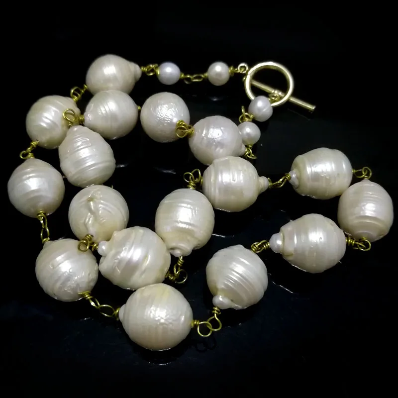 18 inches Gold Filled Wire AA+ 15-20mm Natural White Baroque Pearl Necklace with Toggle Clasp