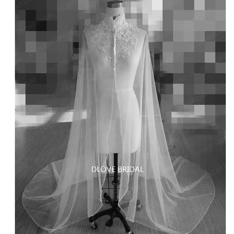 Romantic Lace High Neck Long Bridal Wrap Wedding Shoulder Veil Cloaks Factory Custom Make Mantle Bolero with Covered Buttons