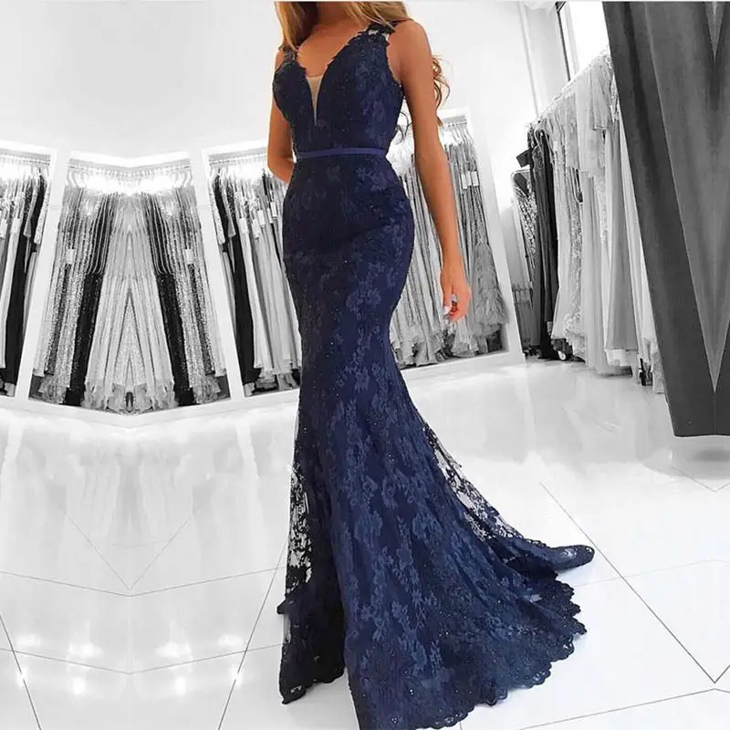 Elegancka koronka Mermaid suknie wieczorowe 2021 Sexy Illusion powrót długie suknie na przyjęcie V-neck sukienki wizytowe Robe De Soiree