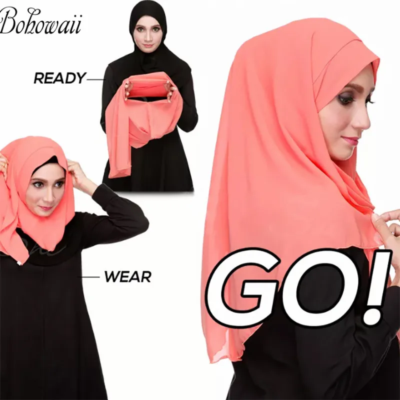 BOHOWAII Ramadan Chiffon Head Scarf Instant Muslim Hijab Shawl Jilbab Ready to Wear Islamic Bonnet Femme Musulman Cap