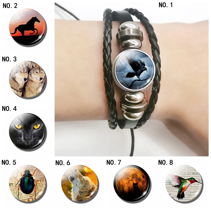 Bracciale in pelle con foto di corvo e lupo nero, bracciale multistrato nero animale a cupola in vetro, regalo per gli amici