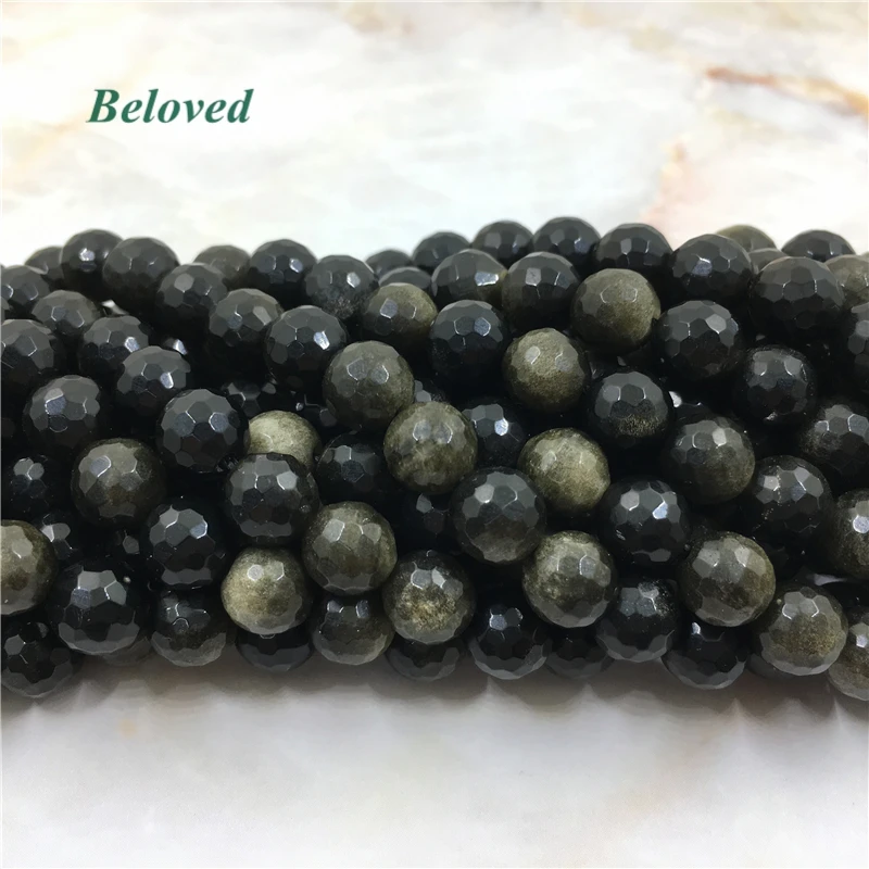 Faceted Flash Golden Obsidian Stone Loose Beads, 5Strands/lot Natural Gems Necklace Making Beads, BG18014