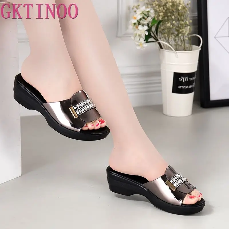 

GKTINOO Rhinestone Summer Women's Slippers 2024 New Sandals And Slippers Fashion Women's Shoes Large Size 40-42 Genuine Leather