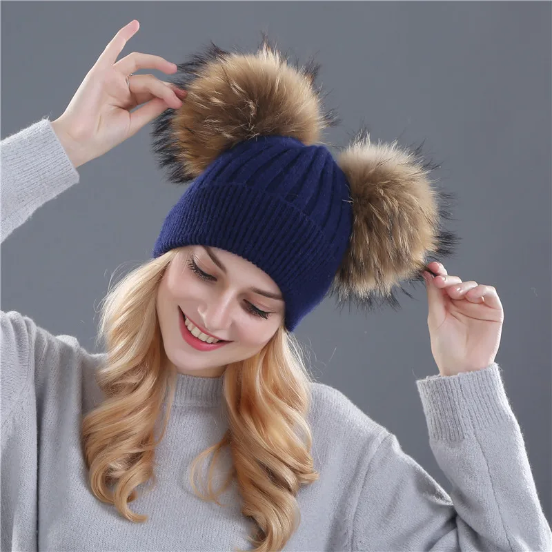 Xthree winter hat for women wool knitting beanies natural fur double pom poms Skullies girls hat feminino