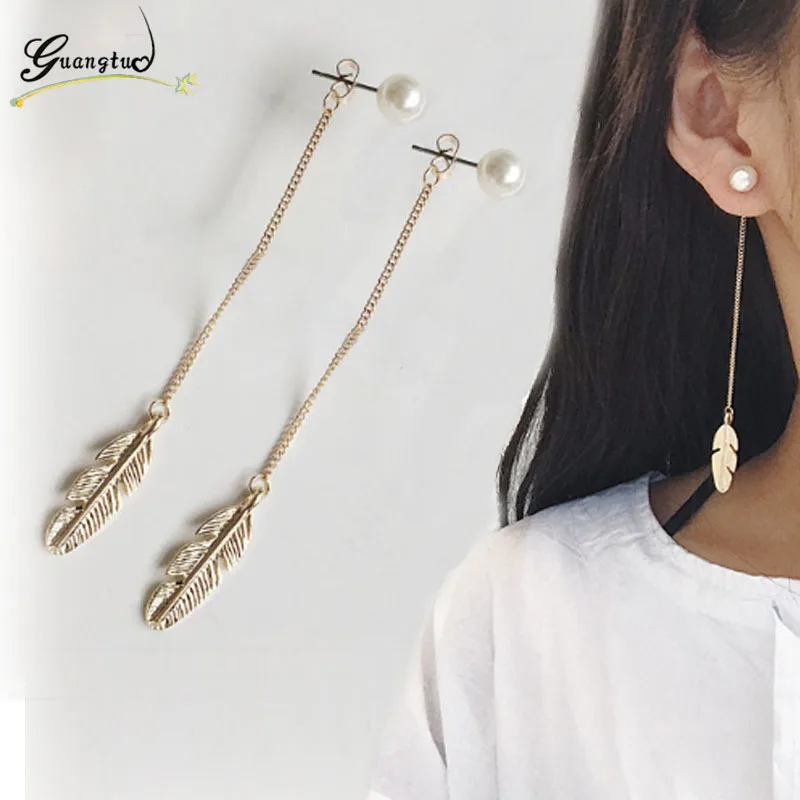 Vintage Long Chain Tassel Simlated Pearl Leaf Feather Drop Earrings For Women Wedding & Engagement Piercing Jewelry Brinco EB287