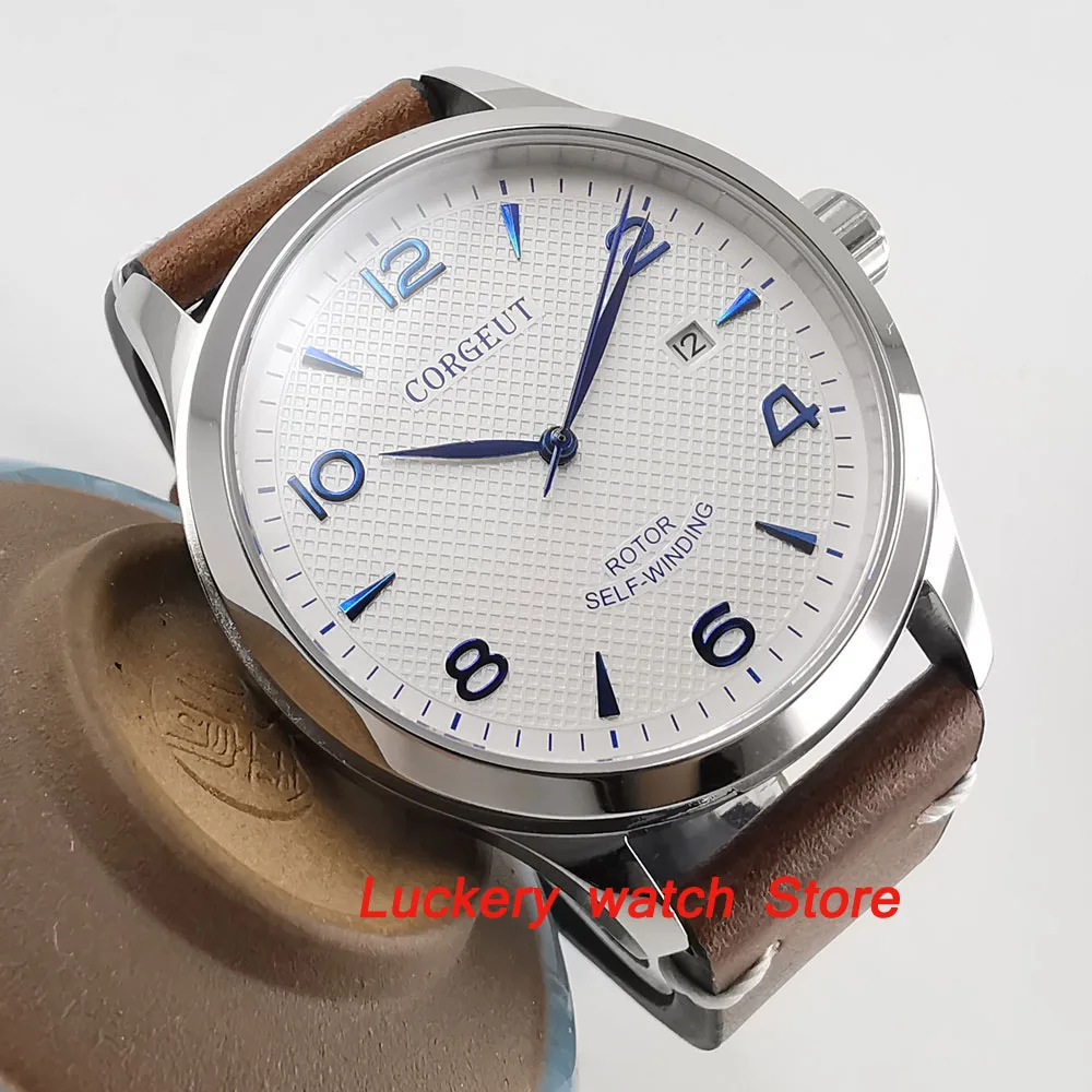 42mm corgeut men\'s watch white dial blue hands and marker sapphire glass Automatic watch-CA40