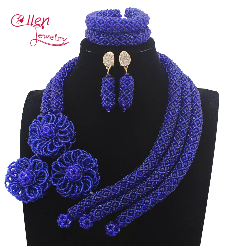 Luxury blue African beads jewelry sets india nigerian flower beads beaded wedding bridal necklace dubai jewelry sets E1122