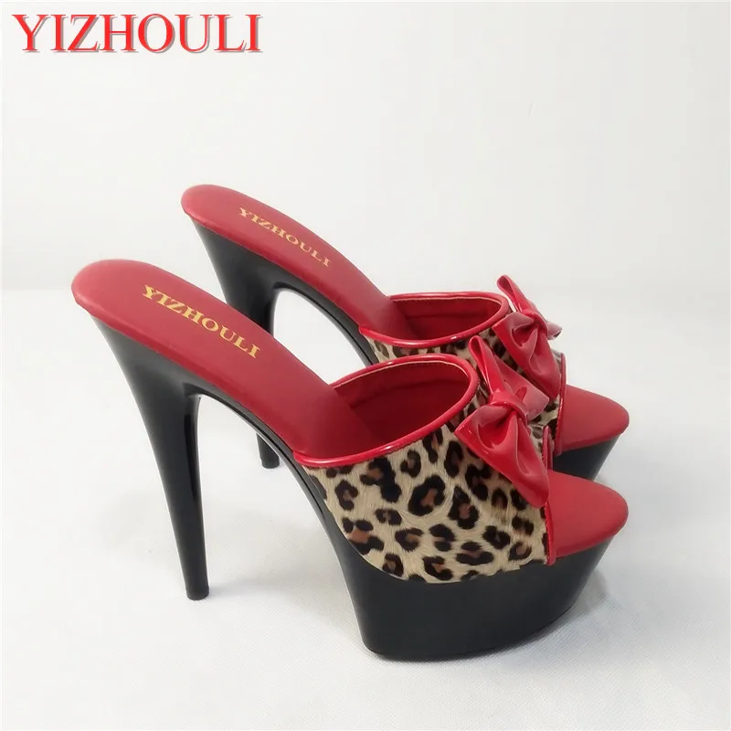 New custom-made, bowknot leopard print high-heeled shoes, 15cm sexy model runway shoes, pole dancing shoes