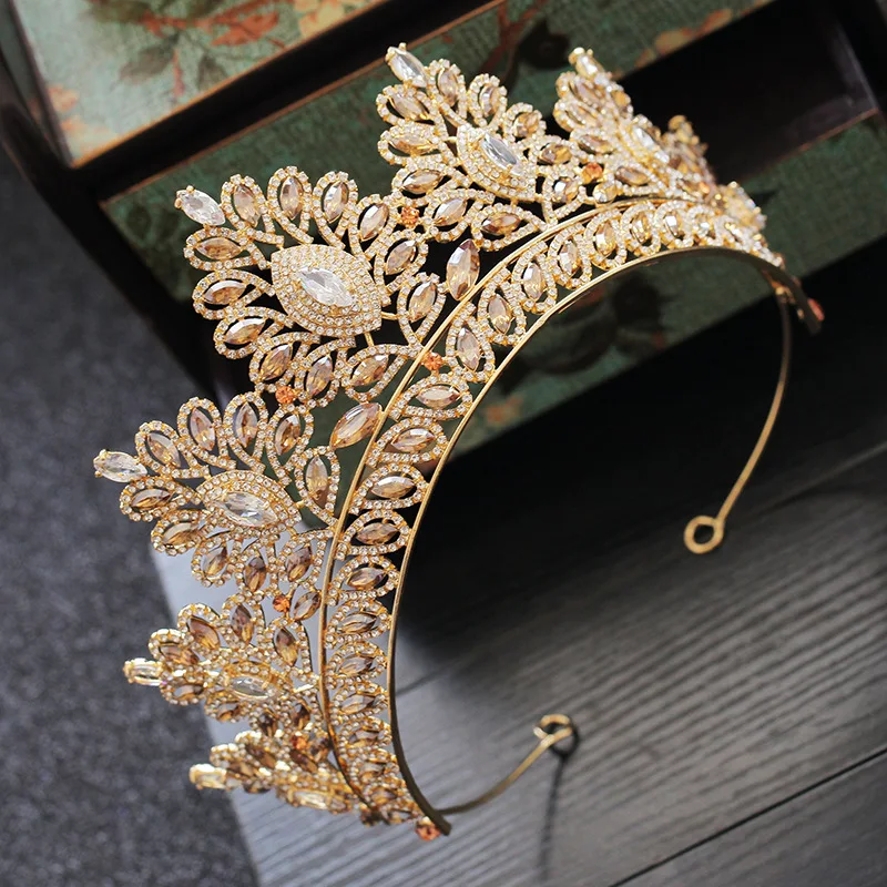 Baroque Vintage Gold Color Champagne Rhinestone Bridal Tiaras Crown Wedding Hair Accessories Crystal Pageant Tiaras Queen Diadem