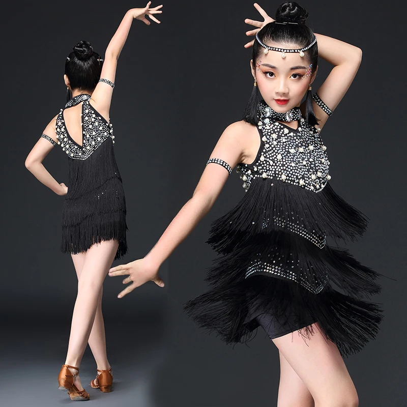 New Children Professional Sexy Latin Dance Dress For Girls Fringe Sequin Ballroom Dance Dresses Kids Modern Salsa Tango Costumes