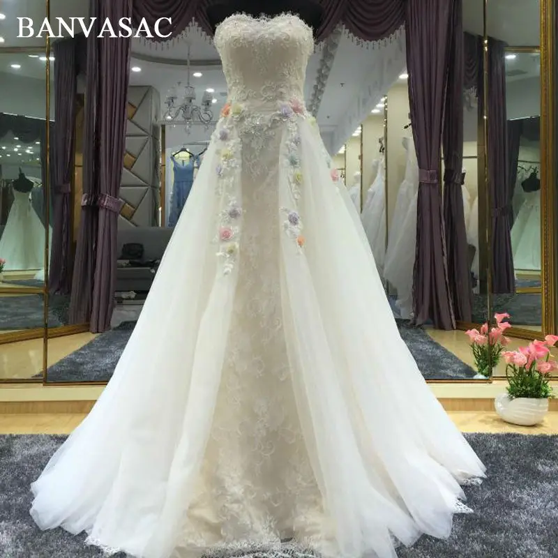 BANVASAC New A Line Luxury Embroidery Strapless Wedding Dresses Sleeveless Beadings Satin Sweep Train Bridal Gowns