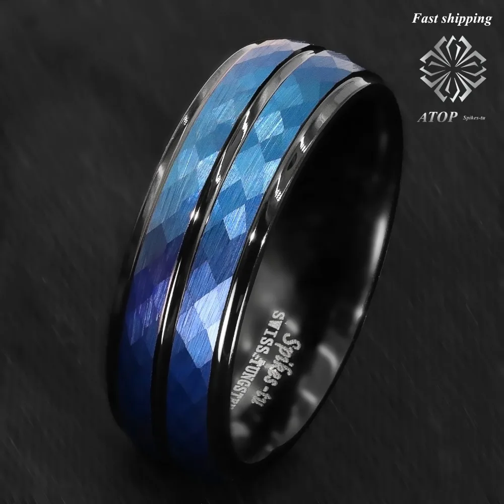 8mm Black Blue Brushed Crystal Skin Tungsten Ring Men Bridal Band ATOP Jewelry