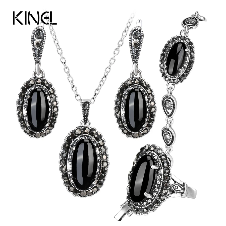 Kinel New 4Pcs Retro Jewelry Sets Black Pendant Necklace And Earring Bracelet Ring For Women Fashion Jewelry Set Gift