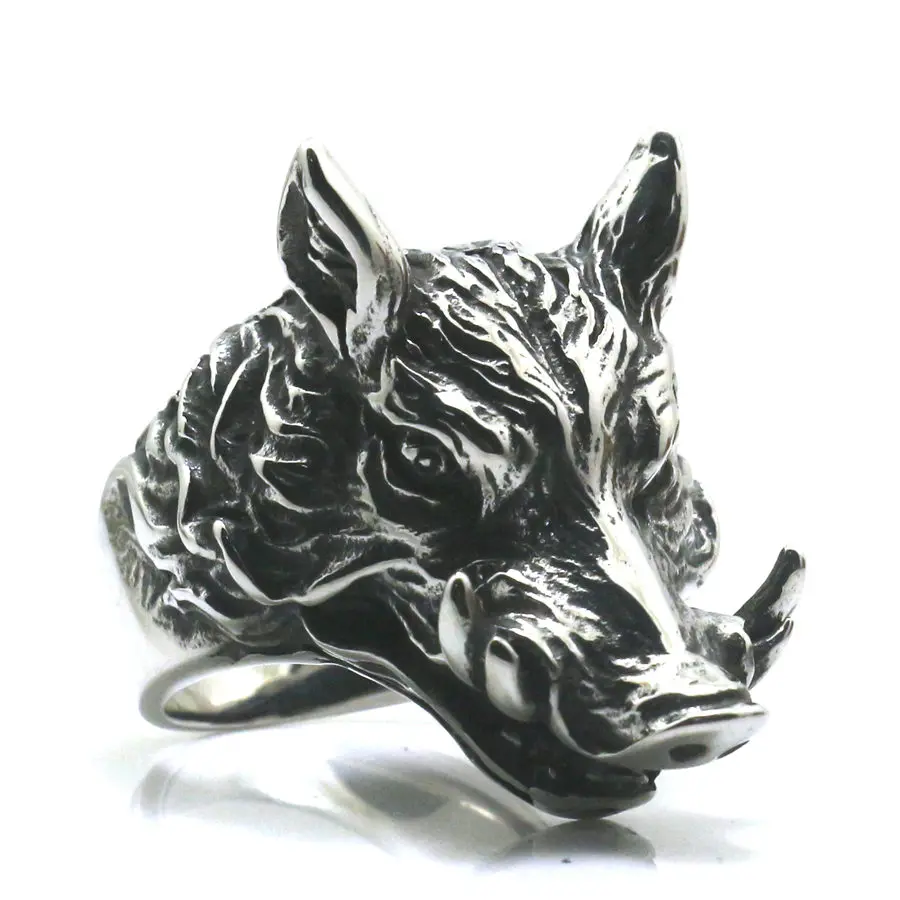 Size 7 to Size 15 Mens Boys 316L Stainless Cool Punk Gothic  Wild Boar Hunting Ring