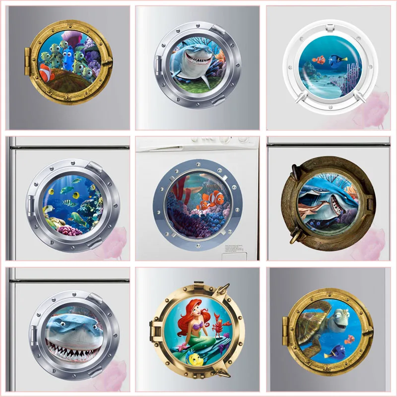 Pegatinas de pared de ventana de ojo de buey submarino 3d, decoración del hogar para refrigerador, baño, tortuga, tiburón, peces, Nemo, arte Mural, calcomanía de Pvc