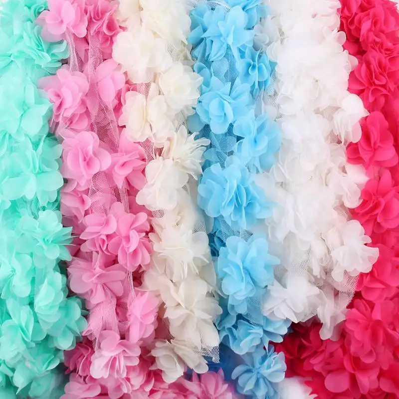 1 YD Multicolor Flowers 3D Petals Chiffon Leaves Trim Wedding Dress Bridal Lace Fabric Doll Children\'s Clothing Applique Sewing