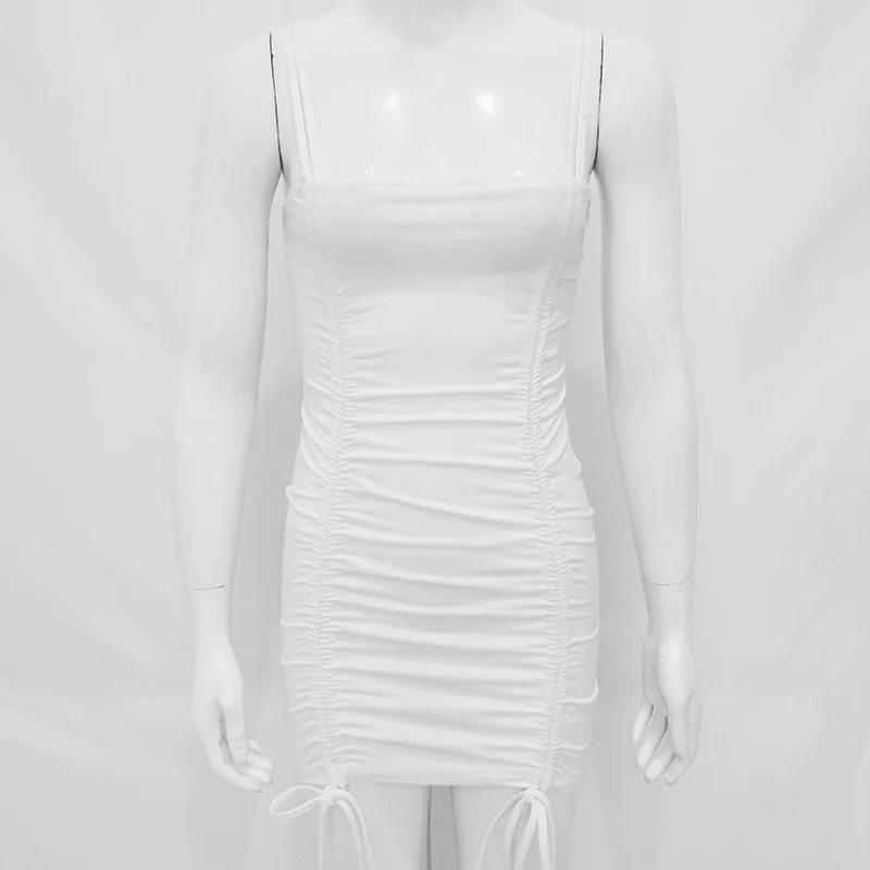 Neon Green Black White Ruched Bandage Sexy Dress Party Club Wear Summer Streetwear Women Spaghetti Strap Mini Bodycon Dresses