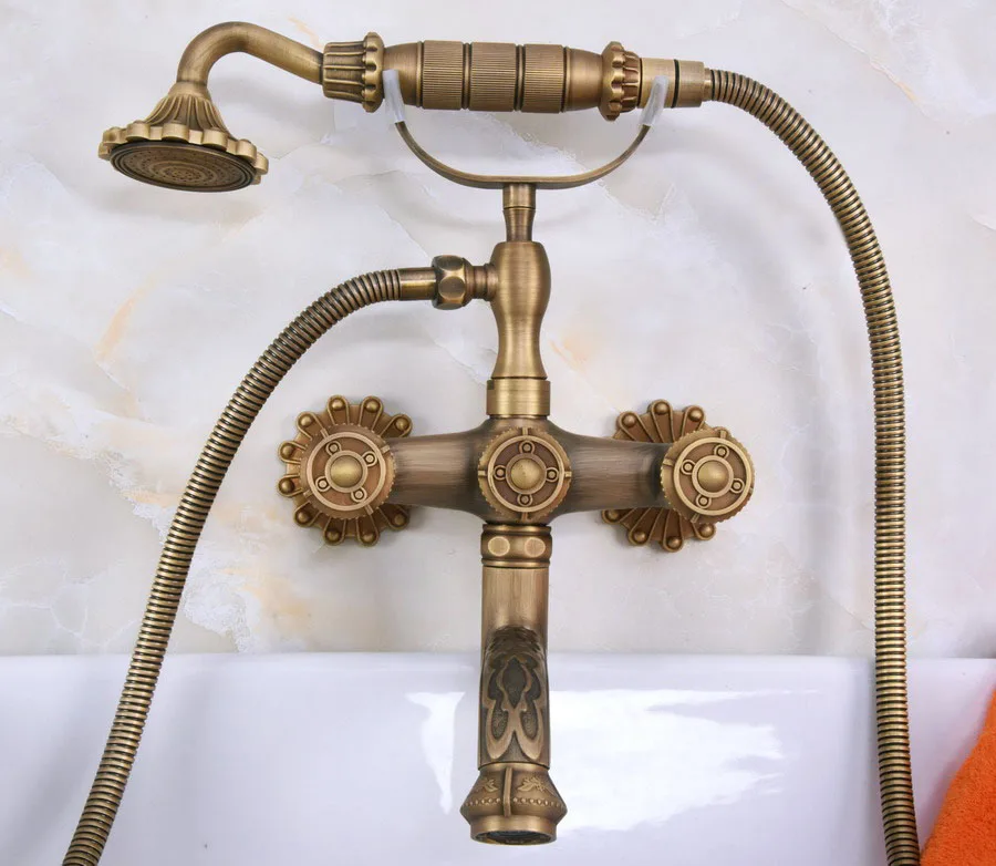 Antique Bronze Carved Art Wall Mounted Bathroom Clawfoot Tub Faucet Mixer Tap Telephone Shower Head Dual Handles ana223