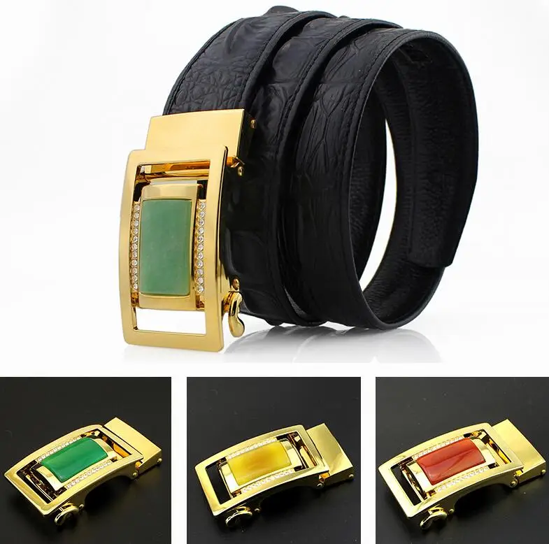 

New Luxury Jade Stone Rhinestone Men's jade belt with gold inlaid jade crocodile embossed head layer belt with jade buckle belts