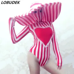 Red White Striped Stretch Skinny Bodysuit Big Hat Nightclub Female Singer Dancer DJ Dance Costume Bar Party Stage Rave Outfit