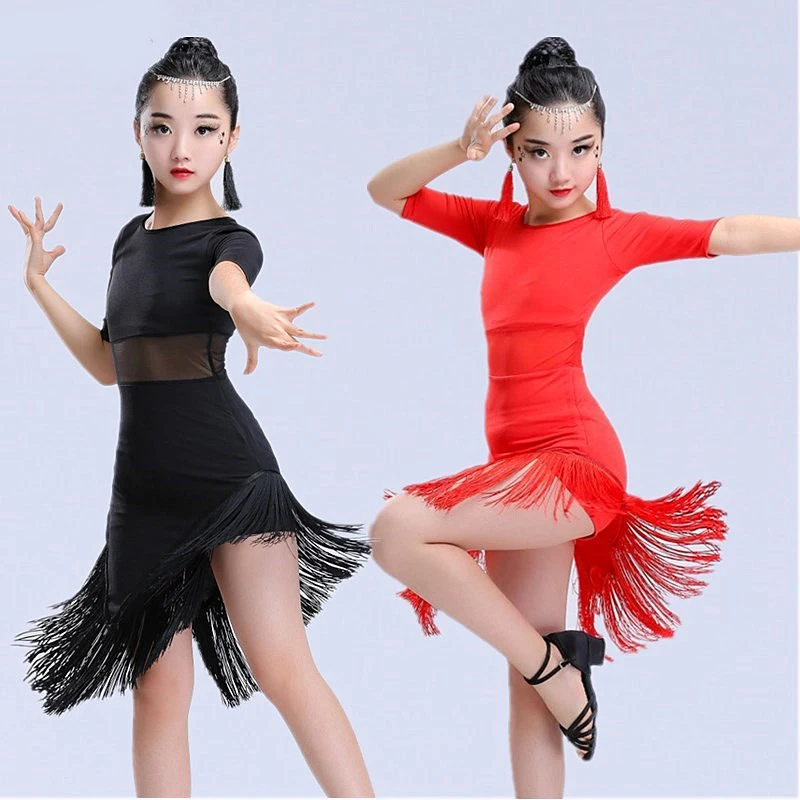 Robe de danse latine à franges pour enfants, costume de salsa pour filles, robes de tango de salle de Rh, noir et rouge, vêtements à vendre, nouveau