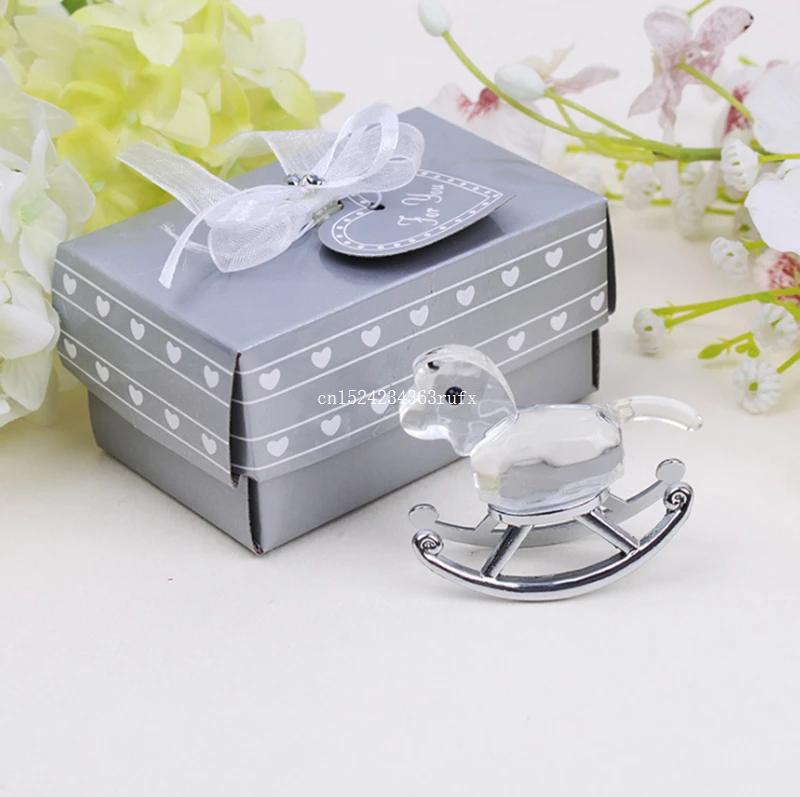 

50pcs Crystal Wooden Horse Ornaments in Gift Boxes Small Crystal Rocking Horse Wedding Supplies Baby Gift Party Favors Giveaways