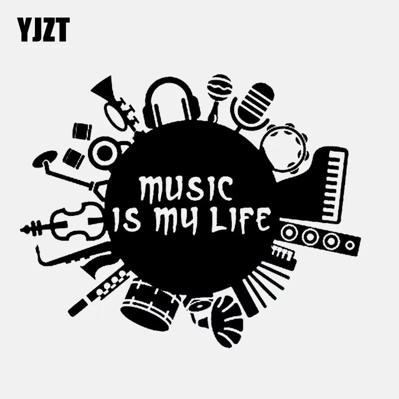 YJZT 15.8CM*12.6CM  Music Is My Life Inscription Guitar Drum Contrabass  Vinyl Black/Silver Car Sticker C22-0782