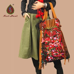 HOT Hmong canvas embroidered womens handbag Vintage handmade beaded Shoulder bags Fashion Casual big size tassel travel bags