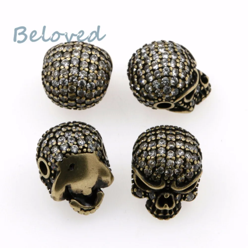 

Micro Paved Zirconia Head Skull Metal Charms Beads, Clear Cubic CZ Skeleton Men's Paracord Bracelet Making Spacer Beads BG18207