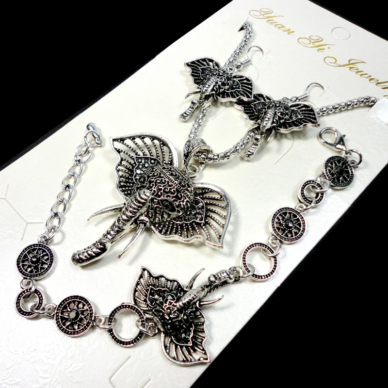 Fashion Jewelry major Vintage Antique Silver Plated Elephant Jewelry Set Necklace Pendant Earring For Women Jewelry Sets LR004