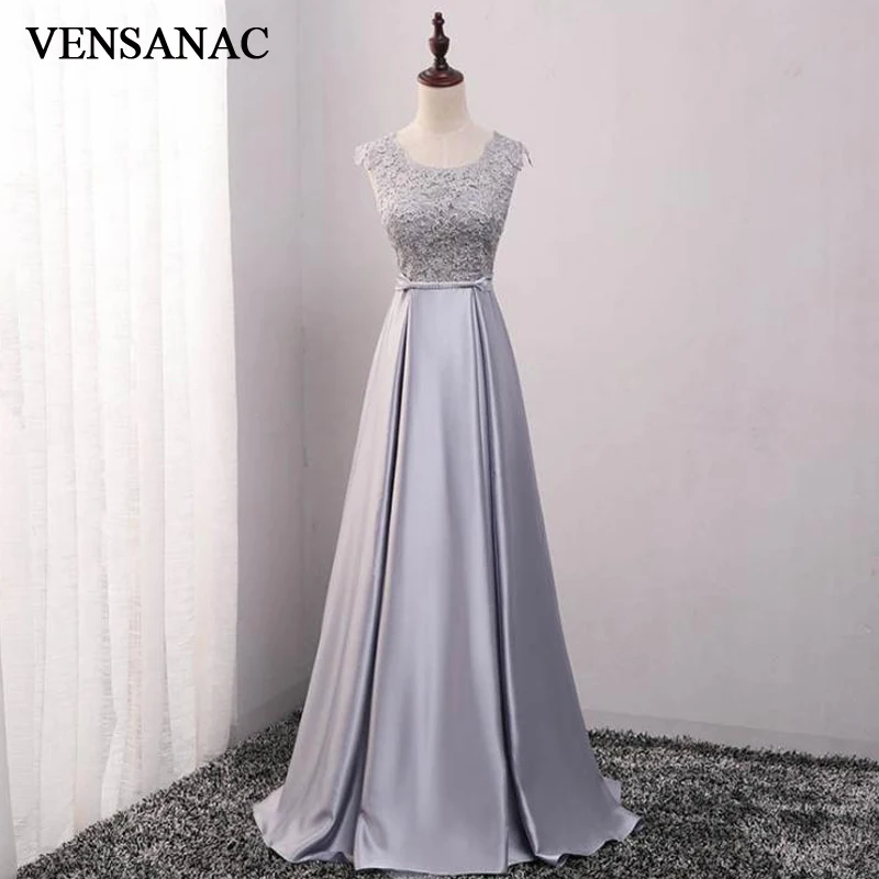 

VENSANAC O Neck A Line Crystal Sash Long Evening Dresses 2018 A Line Lace Appliques Backless Party Prom Gowns