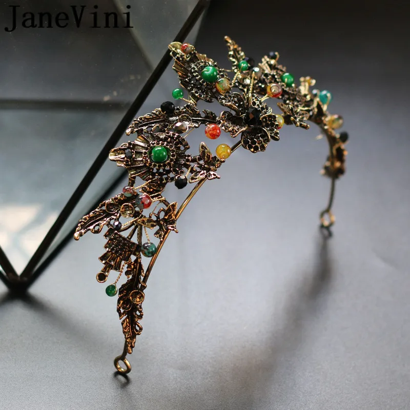 JaneVini Vintage Baroque Bride Crowns Colorful Beads Crystal Jewelry Tiaras Headband Gothic Wedding Headpieces Hair Accessories