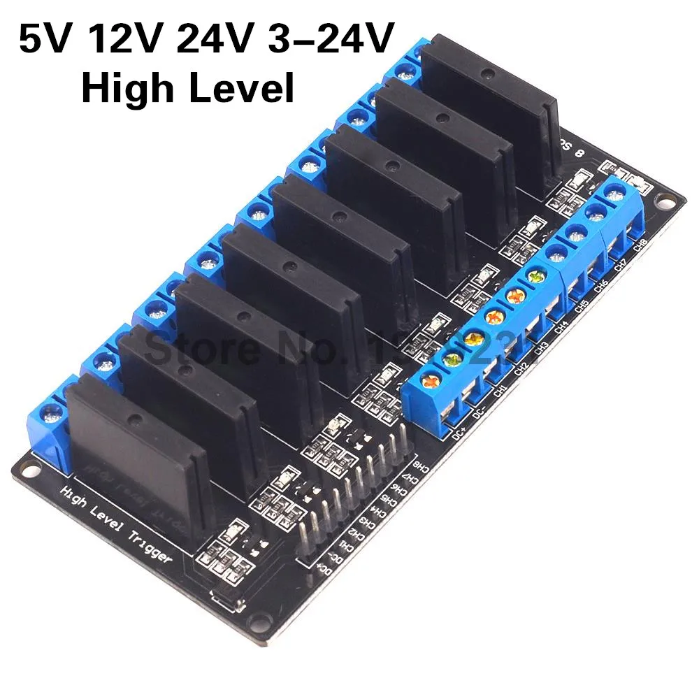 5V 12V 24V 3-24V 8 Channel Solid State Relay Module High Level Trigger DC-AC/DC-DC  250V 2A Output with Resistive Fuse