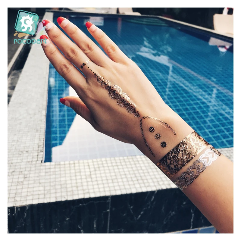 Big Modern Boho Flash Tattoo Sticker Gold Silver Bracelet Temporary Metallic Fake Chain Tattoos Wrist Arm Bands Bling Tattoo