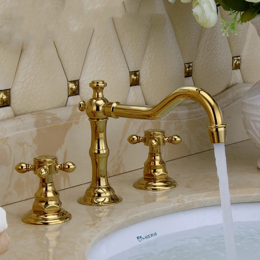 

Luxury Gold Art Deck Mounted Three Holes Double Handles Widespread Bathroom Sink Faucet golden mixer tap